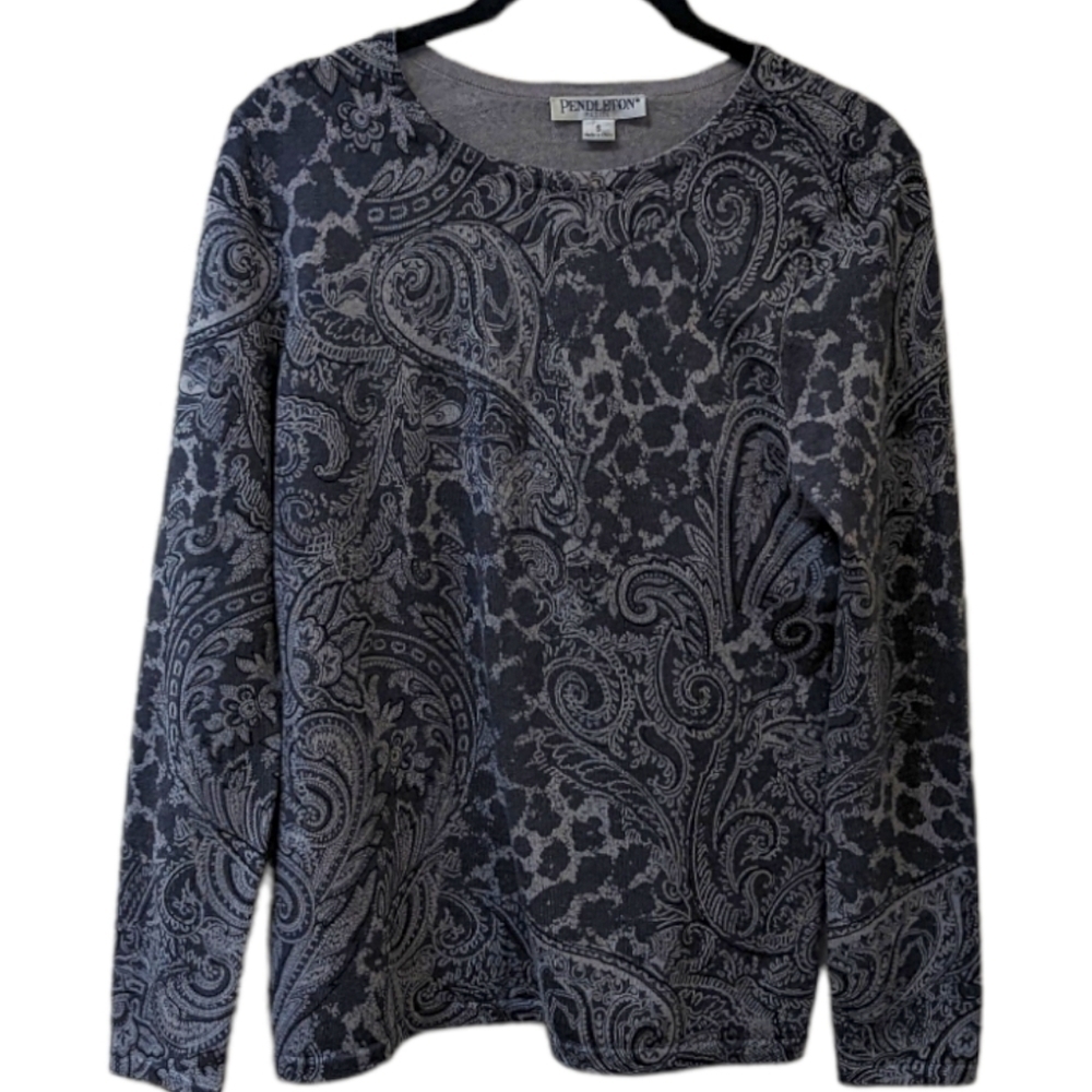 Pendleton Petite Grey & Black Merino Wool Paisley & Leopard Print Sweater (SP)